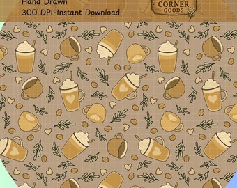 Könnte beinhalten: Nahtloses Muster mit handgezeichneten Kaffeetassen, Eiskaffee, Herzen und Blättern in Braun- und Beigetönen. Das Design enthält den Text "Seamless Design", "Hand Drawn" und "300 DPI-Instant Download".