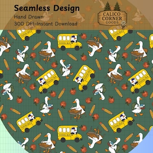 De volta às aulas, padrão sem costura verde ganso, gansos, professor, papéis digitais, designs de tecido, mochila de motorista de ônibus escolar da Apple, livros, carteira escolar