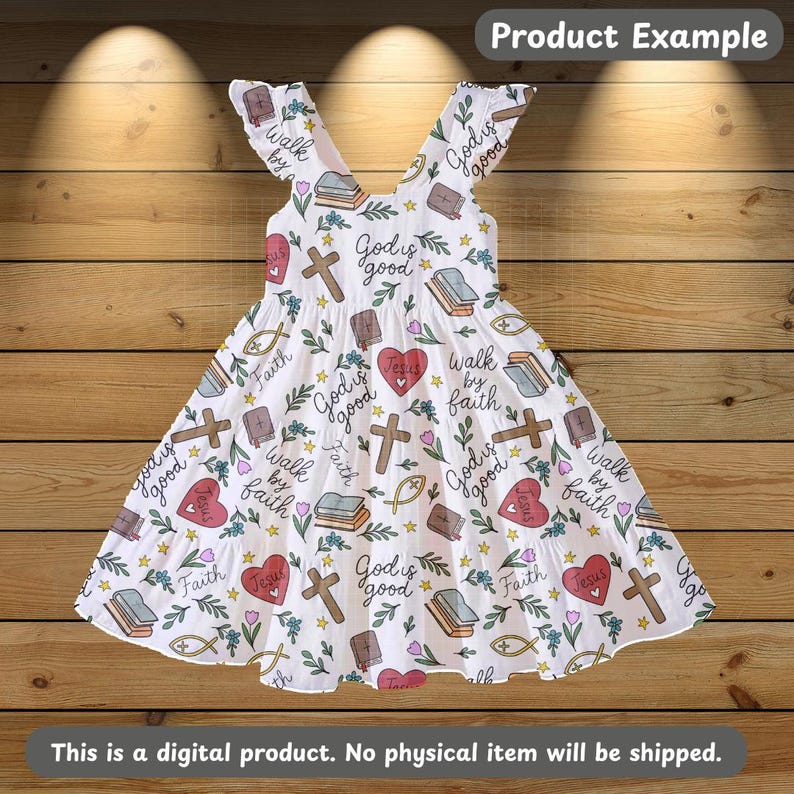 May include: White dress with a repeating pattern of crosses, hearts, books, and the words "God is good", "Walk by faith", and "Jesus". The dress has a ruffled hem and flutter sleeves. The text "Product Example" is at the top.