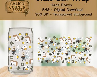 Bbq Ghost Summerween 16oz Glass Can Wrap 20oz 300 DPI PNG UVDTF Sublimation Printed Vinyl Transparent Spooky Summer Sausages Barbecue