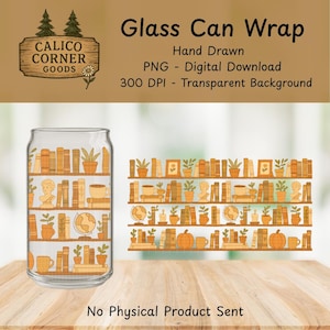 May include: A clear glass can wrap featuring a repeating design of bookshelves with books, plants, and decorative items in shades of orange and brown. The design is hand-drawn and available as a digital download.