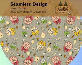 Citrus Bow Pink Grey Seamless Pattern Cute Summer Digital Paper Citrus Fabric Design Lemon Orange Grapefruit Yellow Lime Flower Floral Fruit