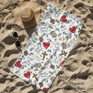 May include: White beach towel with a repeating pattern of religious symbols, including crosses, hearts, books, and fish. The towel also features the phrases "God is good", "Jesus", and "Walk by faith". A straw hat and sunglasses are next to the towel.
