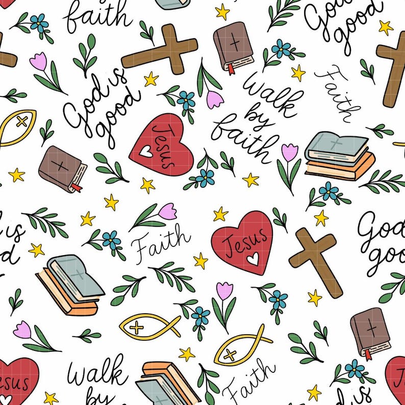 May include: A seamless pattern featuring religious symbols and phrases on a white background. The design includes brown crosses, red hearts with "Jesus" text, open books, and the phrases "God is good" and "Walk by faith".