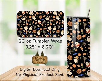 Summerween Black Pumpkin 20oz Skinny Tumbler Wrap Straight PNG Swimming Ghost PNG Sublimation Spooky Summer 300 DPI Jack O Lateran Tumbler