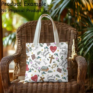 May include: White tote bag with a repeating pattern of religious symbols, including crosses, hearts, books, and the text "God is good" and "Walk by faith." The bag has cream-colored handles and is sitting on a wicker chair.