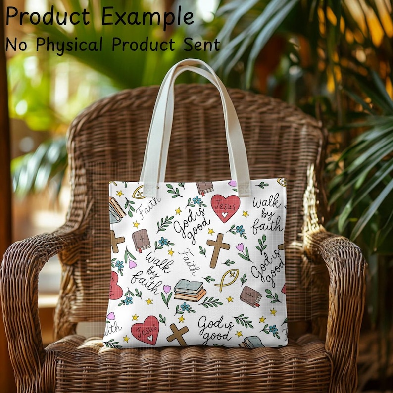 May include: White tote bag with a repeating pattern of religious symbols, including crosses, hearts, books, and the text "God is good" and "Walk by faith." The bag has cream-colored handles and is sitting on a wicker chair.