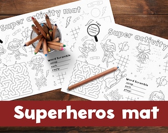 Superheros Party Placemat, Superheros Party Coloring Page, Printable Superheros Birthday Activity, Superheroes Table Mat, Kids Party Games