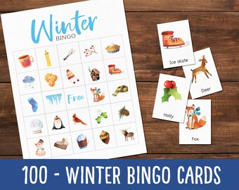 Winter bingo | Game for kids | Kids party game | 100 bingo cards | Preschool printable | winter printable for kids