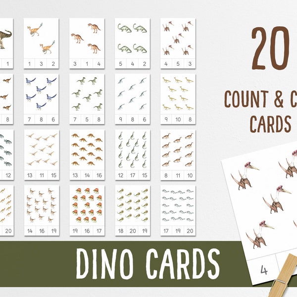 Dinosaur  Count and Clip Number Cards |  Homeschool printable