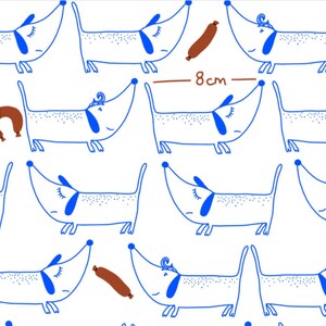 May include: A seamless pattern featuring blue dachshund dogs with closed eyes and a sausage. The dogs are facing different directions and are 8 cm apart.