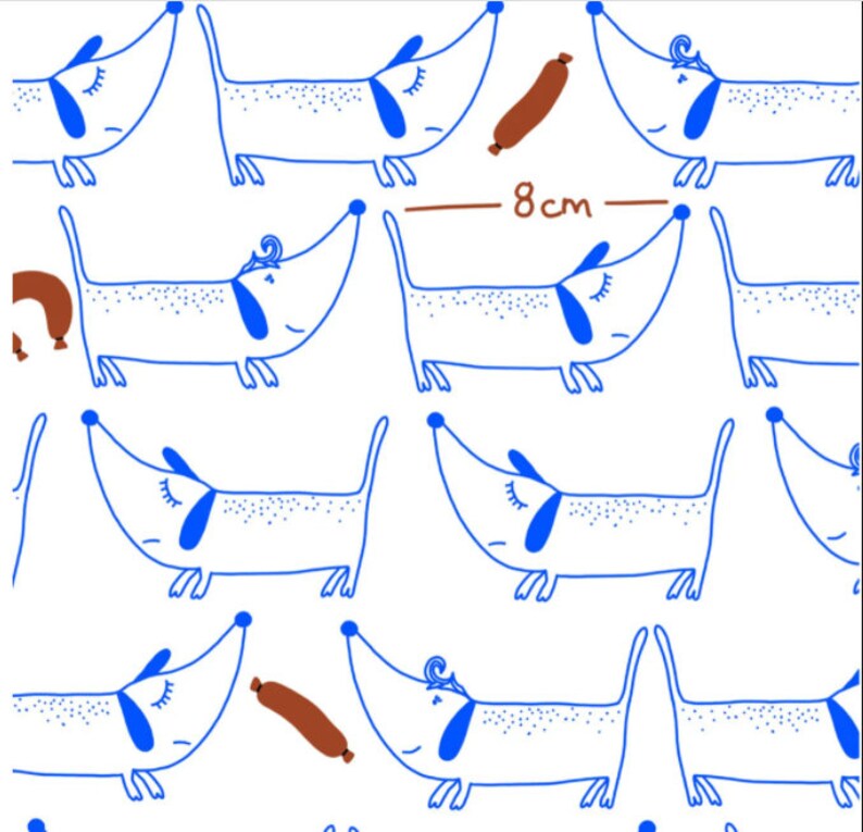 May include: A seamless pattern featuring blue dachshund dogs with closed eyes and a sausage. The dogs are facing different directions and are 8 cm apart.