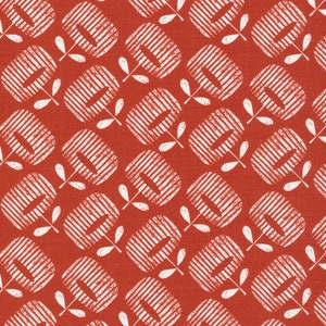 Könnte beinhalten: Ein nahtloses Muster mit weißen stilisierten Blättern und ovalen Formen mit einem gestreiften Muster auf rotem Hintergrund.