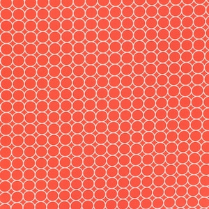 Könnte beinhalten: Ein sich wiederholendes Muster aus weißen Kreisen auf einem leuchtend orangefarbenen Hintergrund. Die Kreise sind gleichmäßig angeordnet und bilden ein gitterartiges Design. Das Muster ist einfach und optisch ansprechend, geeignet für verschiedene Anwendungen.