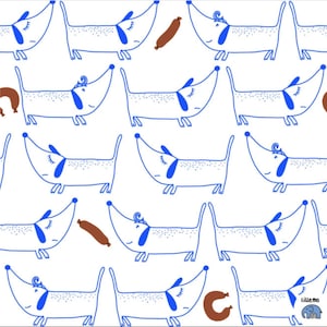 May include: A seamless pattern featuring blue dachshunds with closed eyes and brown sausages. The dachshunds are outlined in blue and have a dotted pattern. The sausages are brown and have a simple shape.