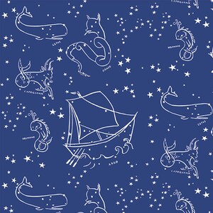 Könnte beinhalten: Ein marineblaues Muster mit weißen Illustrationen von Sternbildern, darunter Cetus, Draco, Capricornus und Delphinus, einem Segelboot mit der Aufschrift Argo und Sternen. Das Design wiederholt sich über den Stoff.