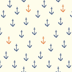 Könnte beinhalten: Ein nahtloses Muster mit blauen und orangefarbenen Ankerformen auf weißem Hintergrund.