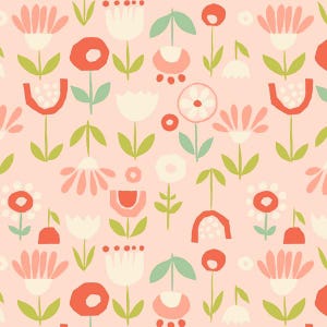 Könnte beinhalten: Ein nahtloses Muster mit verschiedenen stilisierten Blumen in Rosa-, Rot- und Weißtönen auf einem hellrosa Hintergrund. Die Blumen sind in einem zufälligen Muster angeordnet und haben unterschiedliche Formen und Größen.