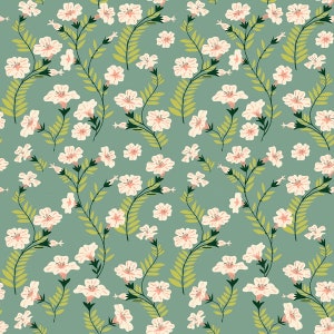Könnte beinhalten: Ein nahtloses Muster mit zarten weißen Blüten mit rosafarbenen Zentren auf hellblauem Hintergrund. Die Blüten sind in einem sich wiederholenden Muster mit grünen Blättern und Stielen angeordnet.