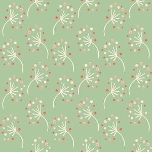 Könnte beinhalten: Ein nahtloses Muster mit weißen stilisierten Löwenzahnblüten mit rosa und orangefarbenen Punkten auf hellgrünem Hintergrund.