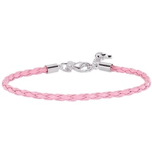May include: A braided pink leather bracelet with a silver clasp and end caps. The bracelet is a delicate accessory, perfect for everyday wear. The clasp is a lobster claw style.