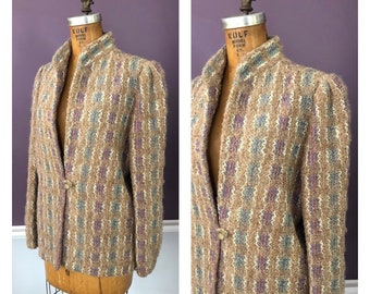 Fabulous 80’s Puff Sleeve Textured Wool Lightweight Jacket Blazer