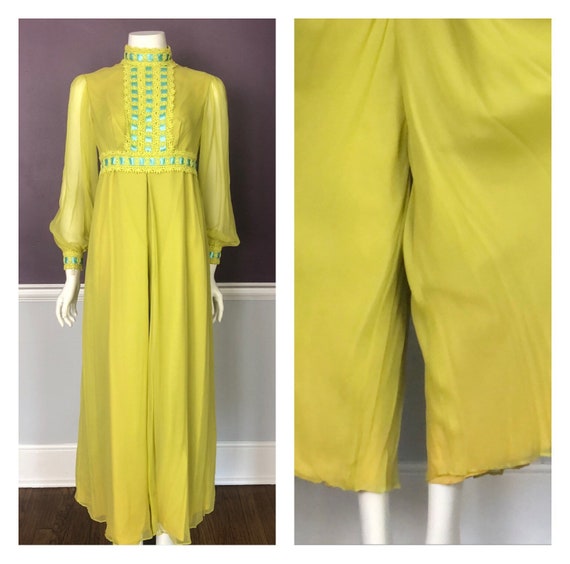 Stunning 70s Maxi Jumpsuit Edwardian High Neck Emp