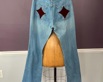 VTG Star Pocket, Low Rise, Bell Bottom Jeans, Hippie Flare Denim with Slit Hems