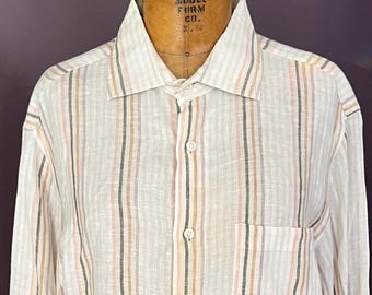 Men’s Linen Stripe Shirt, Bloomingdales, Long Sleeve, Spread Collar