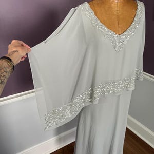 Glam 70s 80s Chiffon Maxi Dress, with Asymmetric Capelet with Sequins and Beading