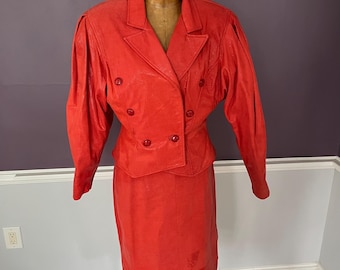 80s 90s Red Pebbled Leather Batwing, Peplum Jacket, and Pencil Skirt