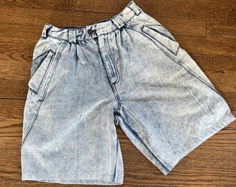 80s White Acid Wash Pleated High Waist New Wave Vintage Jean Shorts