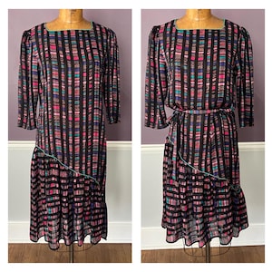 Unique 80s Drop Waist Asymmetric, Flounce Abstract Print Dress, Puff Sleeve, Professional Dress