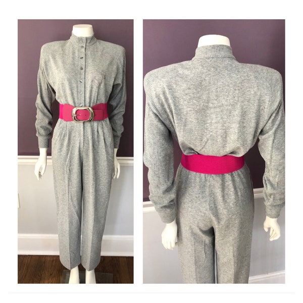 Chic 80s Knit Jumpsuit with Power Shoulders and High Pleated Nipped Waist