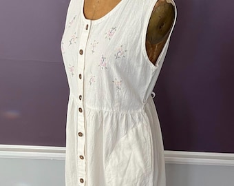 90s Embroidered Chambray, Sleeveless, Tie Back Dress, Floral