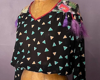 Sick 80s New Wave Geometric Top with Scenic Print at Yoke and Trimmed with Feathers and Tassels