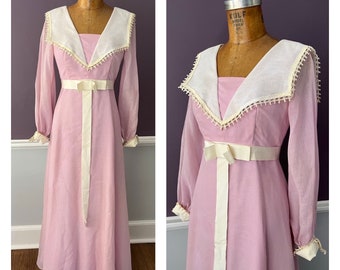 Stunning 70s Edwardian Pinafore Collar Dress in Voile, Hippie Boho Maxi Dress