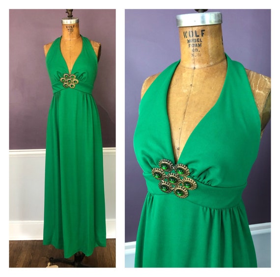 Stunning Vintage 70s Kelly Green Halter Maxi Dress