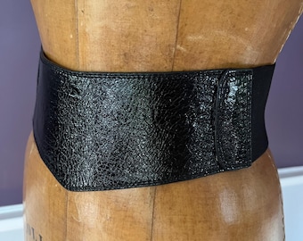 Wide Patent Leather Stretch Statement Belt, Vegan Faux Leather M/L