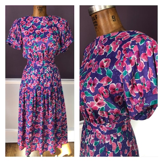 Pretty 80s Floral Puff Lantern Sleeve Party Dress