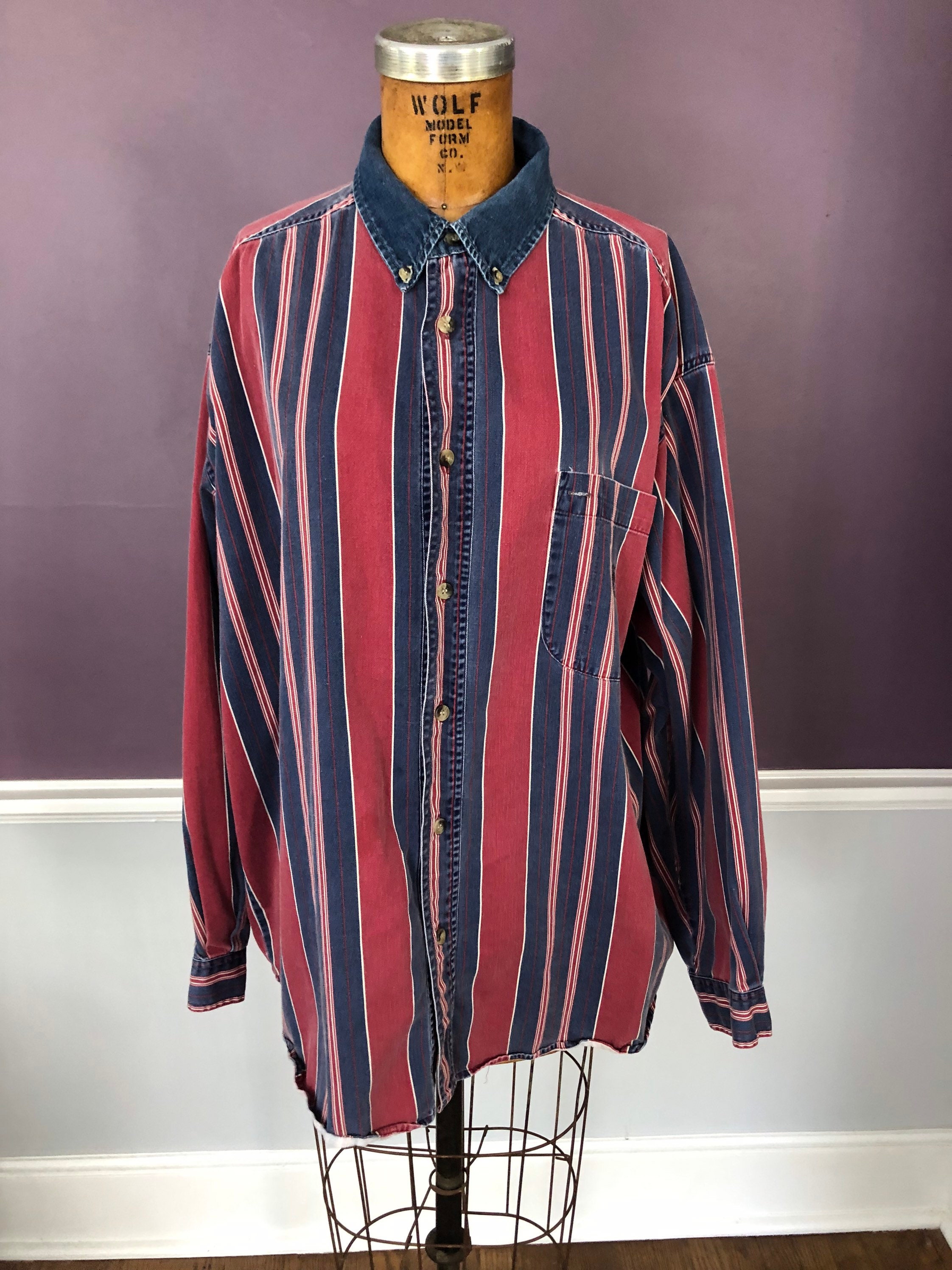 90s Denim Collar Vertical Stripe Twill Men's Shirt - Etsy