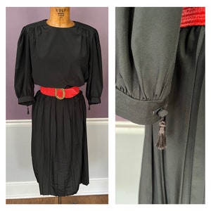 80s Puff Sleeve Pleated Midi Dress with Tassels, Black New Wave Goth Dress