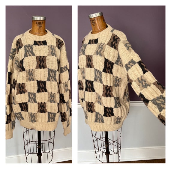 Sick 80 90s Wool Handknit Sweater with Cableknit … - image 1