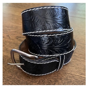 Leather Western Belt with Scrollwork Hand Tooling Black 32
