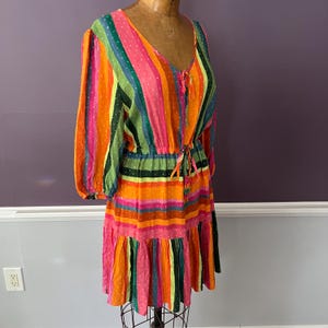 NWT Farm Rio X Anthropologie Rainbow Stripe Mini Dress, 3/4 Balloon Sleeve, Elastic Waist, V-neck image 3