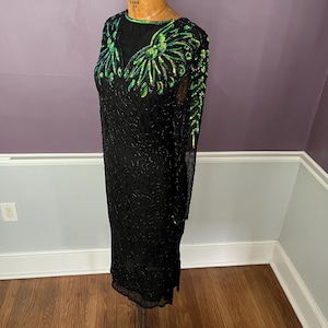 80s 90s Sequin Midi, Long Sleeve Formal Dress, Black and green