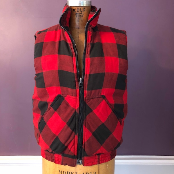 Cool 60s 70s Flannel Reversible Buffalo Plaid Puffer Vest