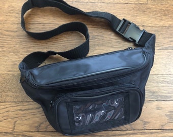 Vintage Nylon 3 Pocket Fanny Pack with Clear ID Pocket / 80s 90s Bumbag Belt Bag