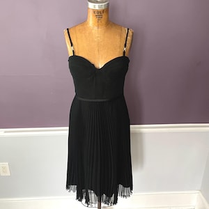 Silk Bustier Cocktail Dress by Laundry, Black Silk Chiffon Pleated Slip Dress w Corset Top