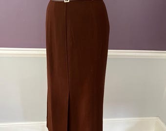 90s High Waist, Long Pencil Skirt, with Leather Trim in Brown Twill